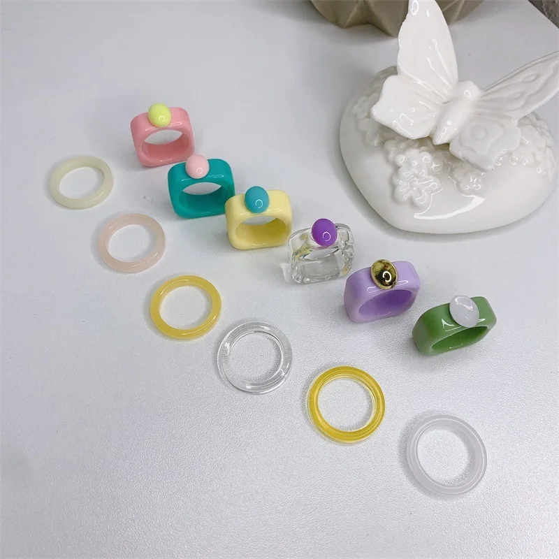 

NEW Korean Fashion Colorful Transparent Geometric Square Acrylic Resin Ring For Women Girls Candy beads Finger Ring Jewelry Gift