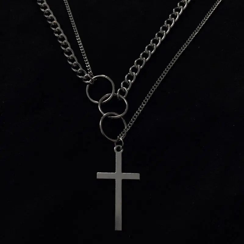 

Japanese And Korean Tide Brand Ins Net Red Harajuku Style Hip-Hop Simple Cross Double-Layer Necklace Circle Pendant