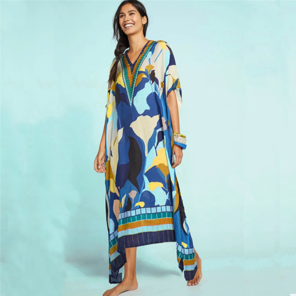 

Boho Deep V Print Beach Cover Up Plus Size Kaftan Maxi Dress Robe De Plage Sarongs Pareo Women Long Loose Beachwear Party Dress