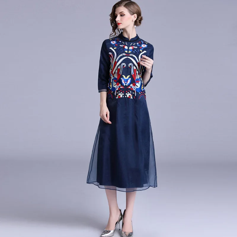 

High Quality Brand New Chinese Style Luxury Dress Women Cute Birds Floral Embroidery 3/4 Sleeve Midi Party Vestido Special Event
