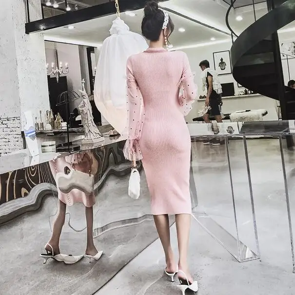 Vestidos largos 2020 осенне зимнее платье карандаш женское розовое Сетчатое облегающее в