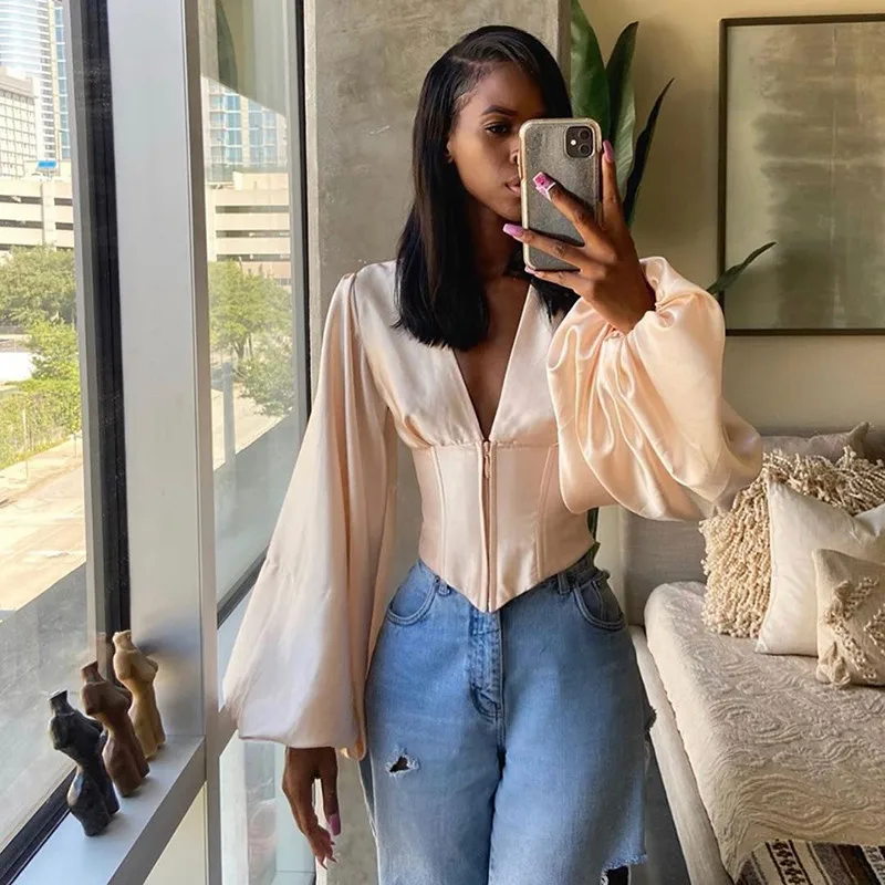 

CHRONSTYLEElegant Deep V Neck Shirts Blouses Crop Tops Women Chic Lantern Sleeve Smooth Street Shirts Fall Autumn Office Lady