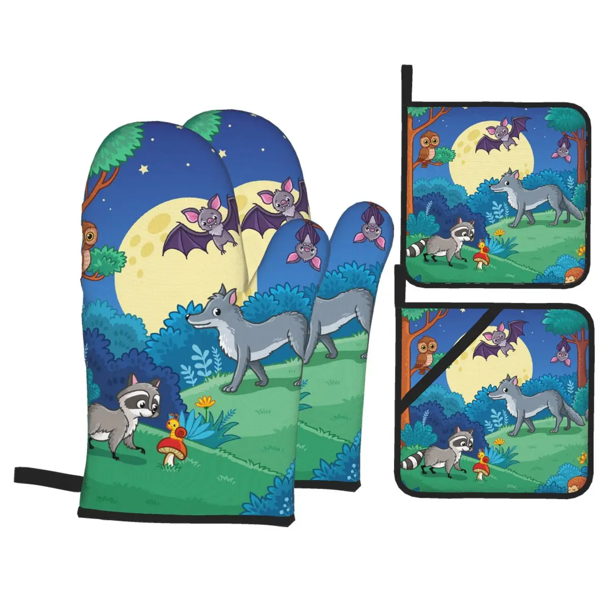 

4 Pieces Polyester Kitchen Cooking Microwave Gloves Cartoon Animals In The Night Forest Baking BBQ Potholders Oven Mitts