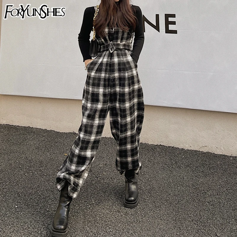 

FORYUNSHES Black Plaid High Waist Loose Straight Wide Leg Pants Red Overalls Pants Jumpsuit 2021 Spring Fashion Korean Oversized