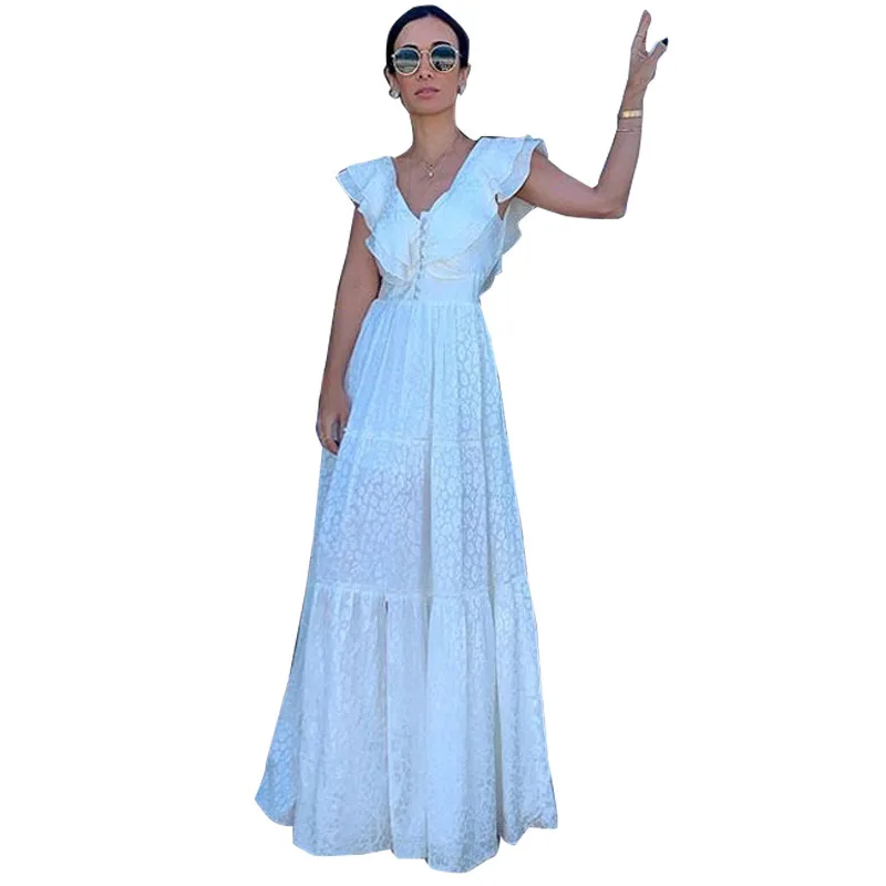 

WEPBEL Women's Sexy Ruffled Stitching Dress Summer Elegance V-neck Slim Fit High Waist Backless Dress