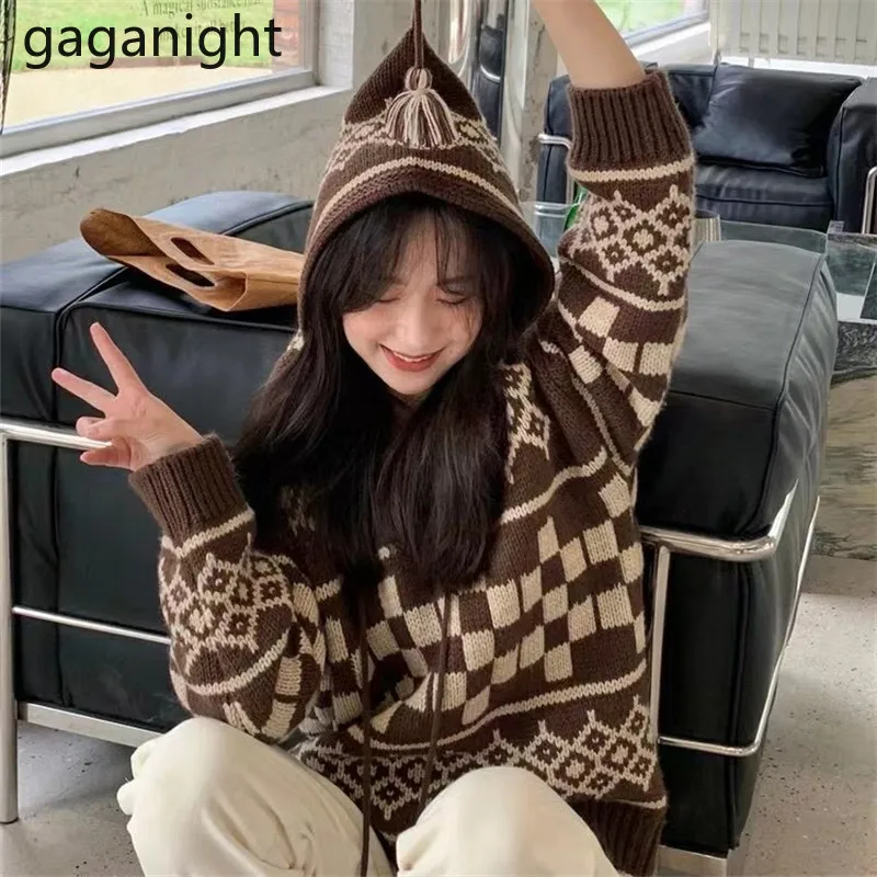 

Gaganight женский винтажный ветровой топ с ромбовидным капюшоном женский свитер 2021 осень-зима новый ретро Свободный Вязаный топ в японском стил...