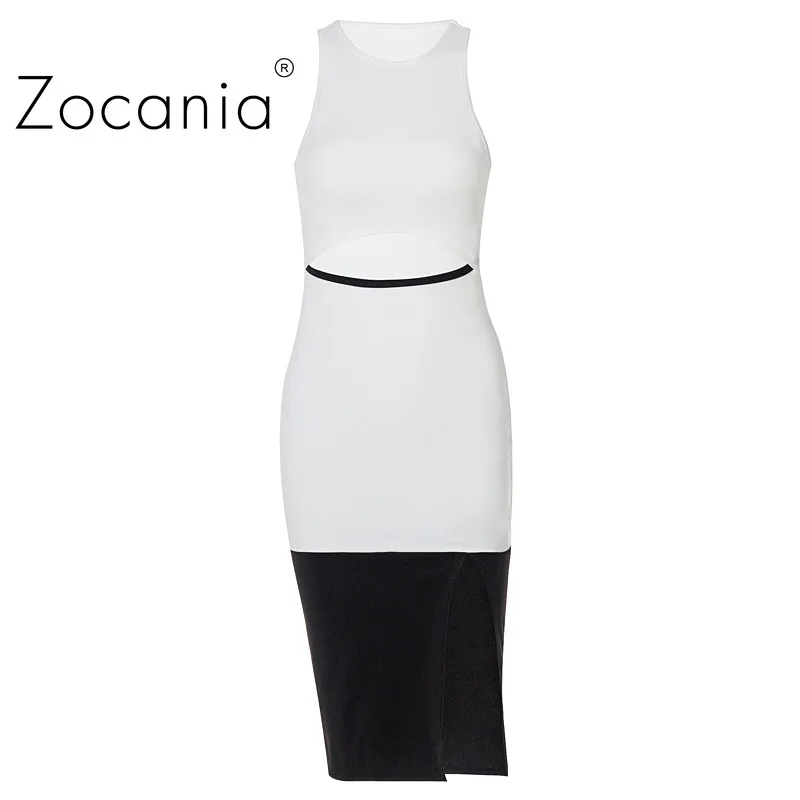 

Sleeveless Robe Sexy Dresses Women Summer Black White Patchwork Elegant Vestidos New Design High Wiast Hollow Out Slit Bodycon