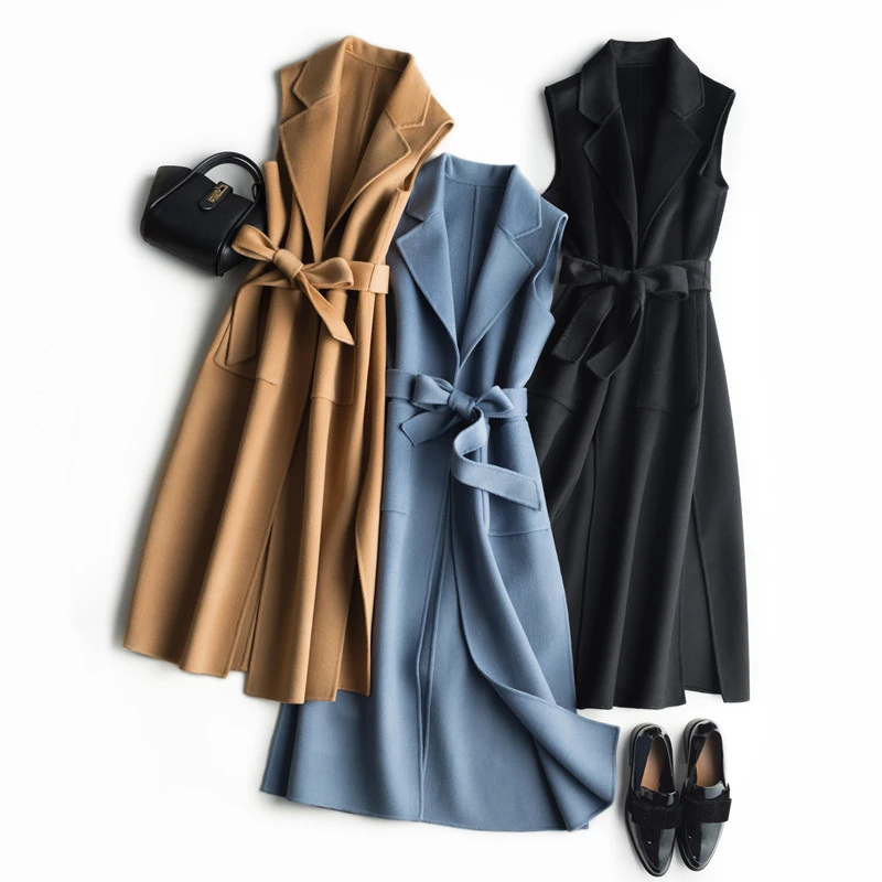 New Spring Autumn 2020 Double faced Wool Vest Women Sleeveless Adjustable Waist Warm Coats Female Real leather Coat | Женская одежда