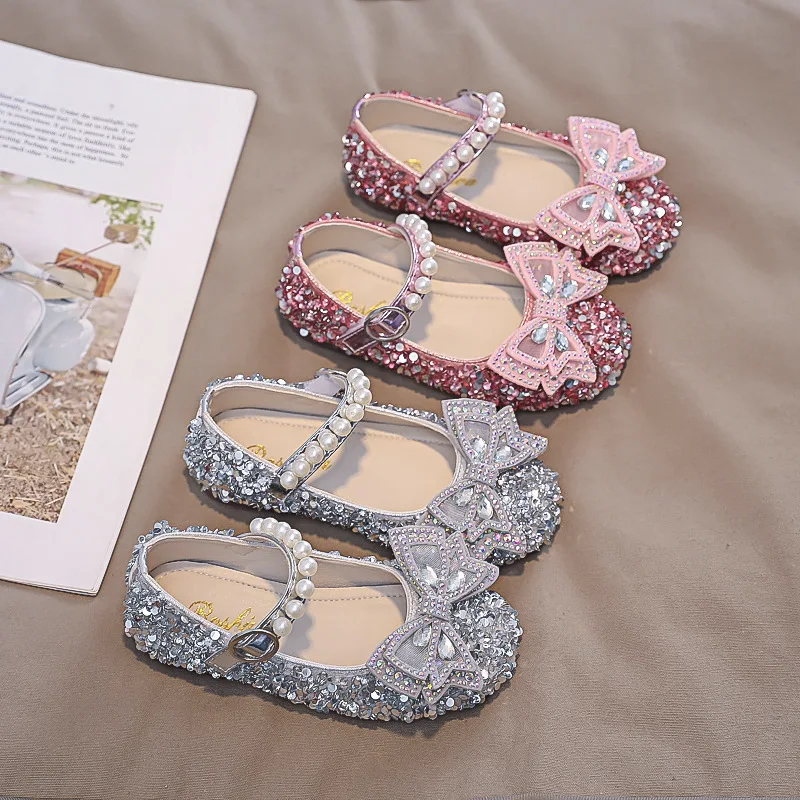 

CAPSELLA KIDS Casual Shoes for Girls Princess Diamond Pearl Leather Dress Shoes Children Soft Sole Dance Shoes Bow Beading 21-35