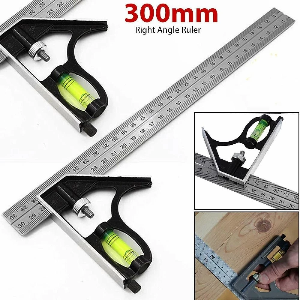 

Square Ruler Set Kit 300mm (12") Adjustable Engineers Combination Try None Right Angle Ruler with Spirit Level and Scriber