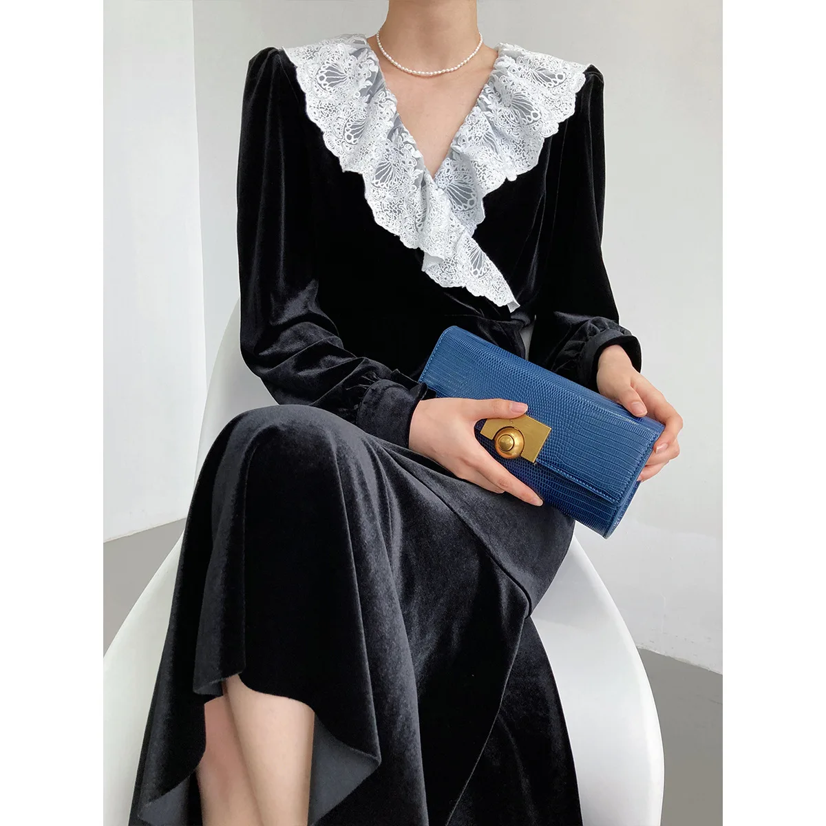 

Elegant Retro Evening Party Dress Gown Suitable for Formal Partie Lace Splicing Vintage Vibes Black Un Vestido Vestidos De Noche