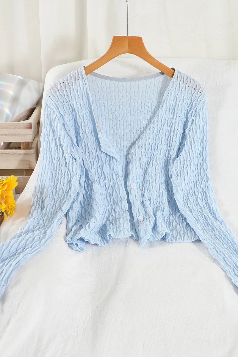 

Knitted Sweater Coat Cardigan Women's Spring Temperamental Slim Fit V-neck Hollow Design Short Thin Knitwear Tops Female Fashion