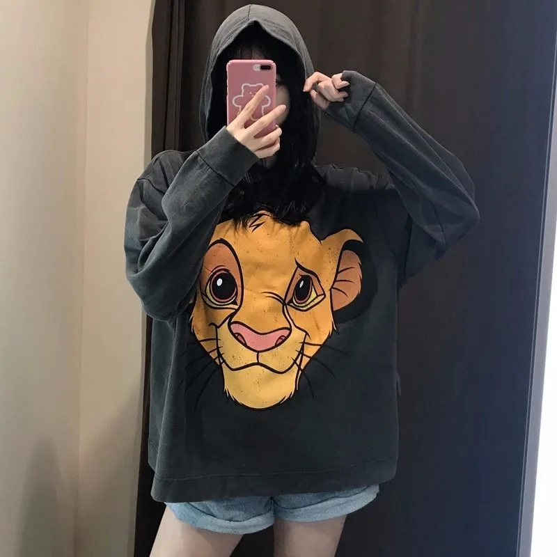 Модные свободные толстовки Kawaii, женские милые весенне-осенние Топы, Женские повседневные топы с рисунком льва, Милая футболка с длинным рукавом, женская футболка