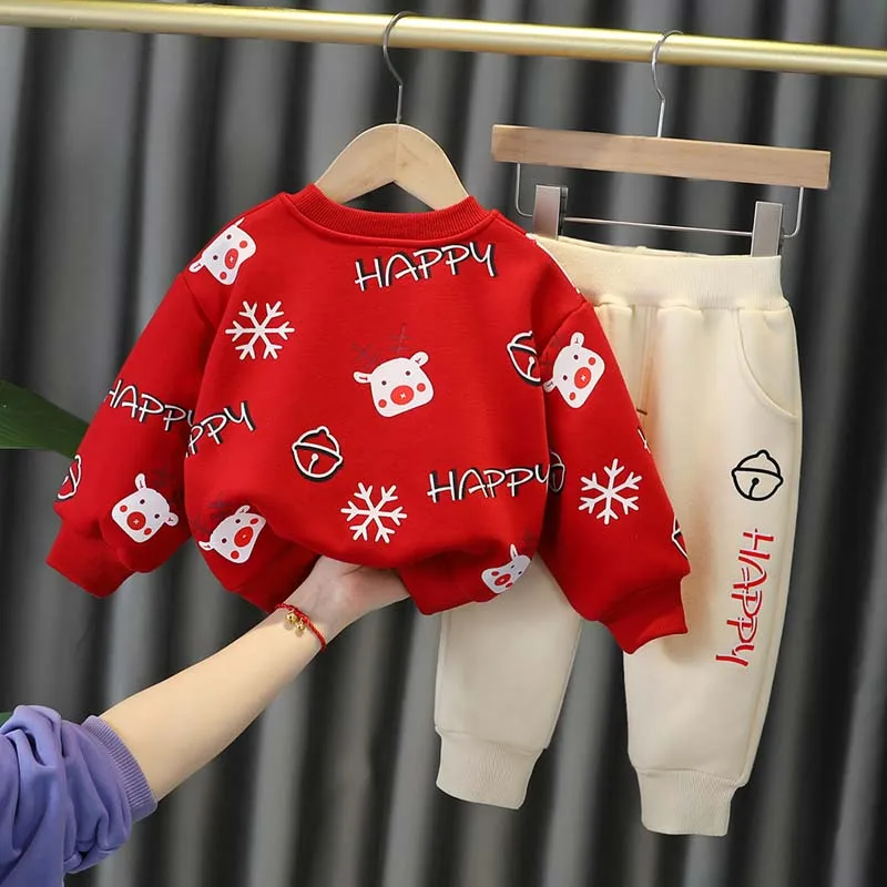 

Children Christmas Costume Autumn Winter New Baby Boys Girls Snowflake Deer Plus Velvet Sweater Pants 2-Piece Infant Baby Suits
