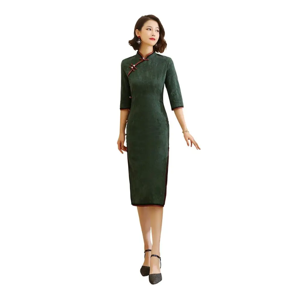 1256 Шанхай история Половина рукава по колено cheongsam платье хлопок лен Винтаж Ципао китайское платье китайский стиль платье для женщин - Цвет: 1256