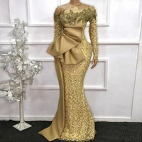 elegant african long sleeves lace mermaid evening dresses 2021 aso ebi long sleeves gold beaded prom gowns robe de soiree