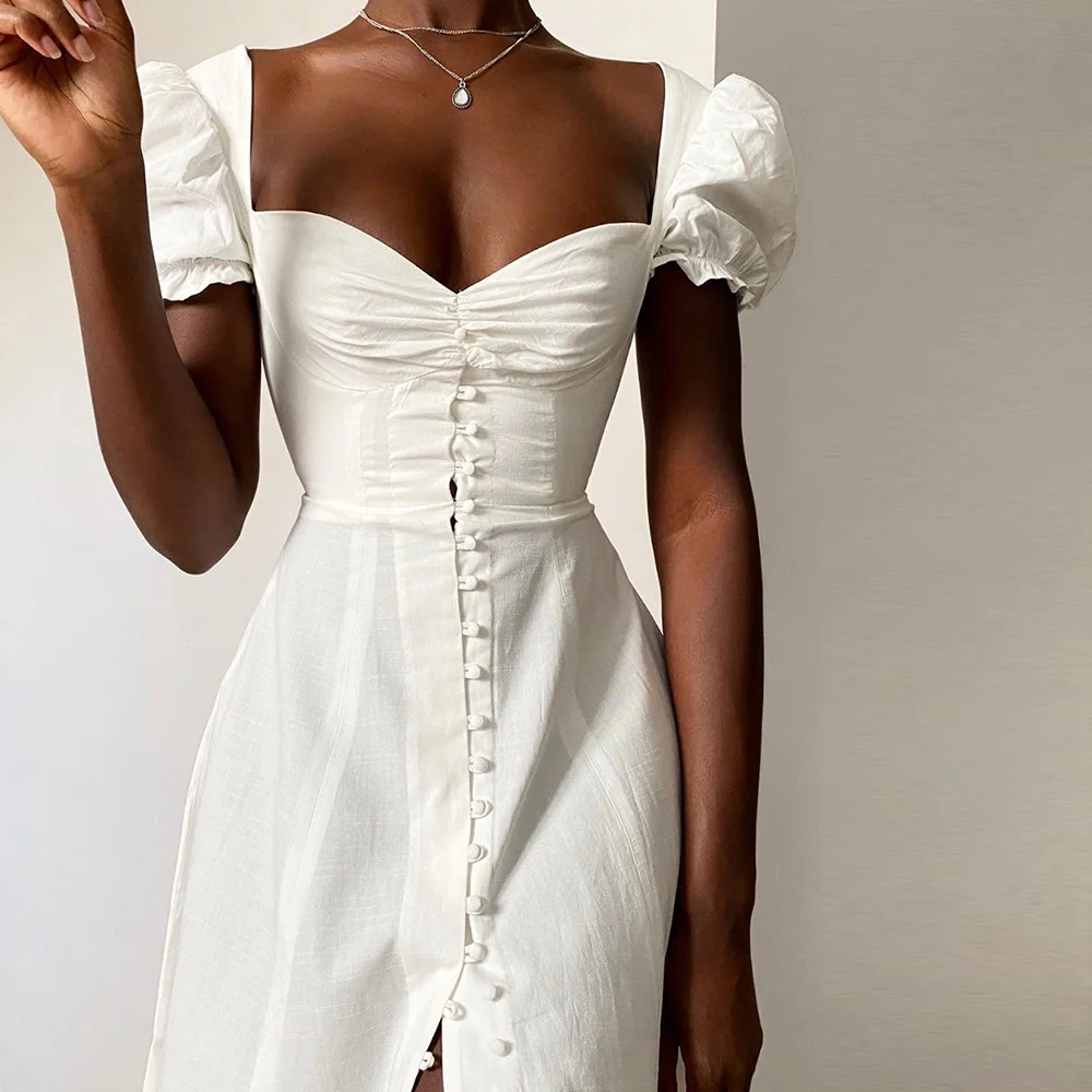 

Avrilyaan 2020 White A- Line Button Sexy Dress For Women pleated Short Sleeve Summer Dress Vestido High Split Midi Dress Clothes