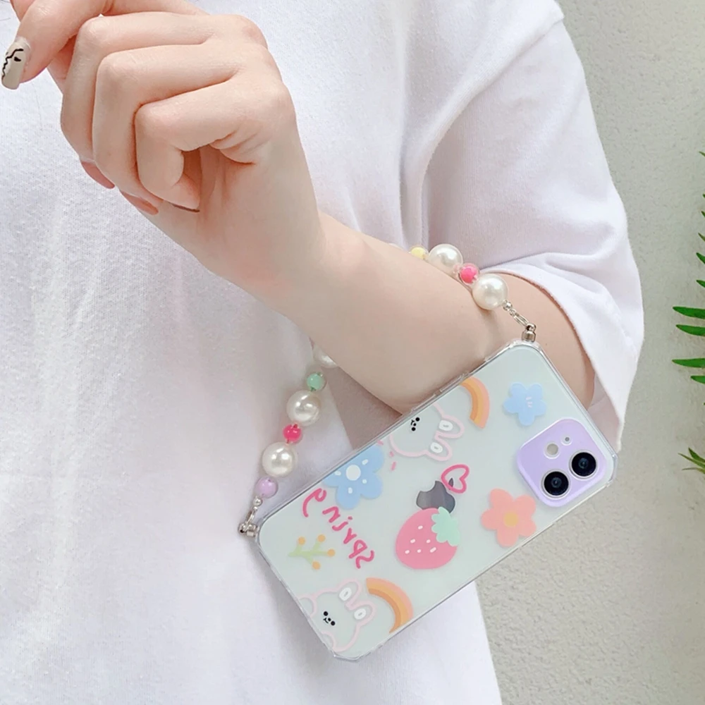 

Pearl Chain Flowers Phone Case For iphone 12 Pro Mini 11 7 8 plus X XR XS Max SE 20 Soft Fashion Bracelet Clear Protective Cover