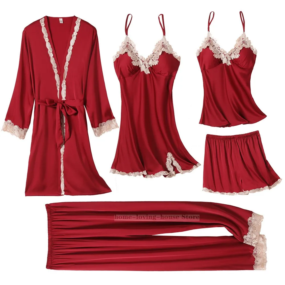 

Пижамный комплект женский из 5 предметов, свободная повседневная одежда для сна, пикантное кружевное нижнее белье с отделкой, халат-кимоно, ...