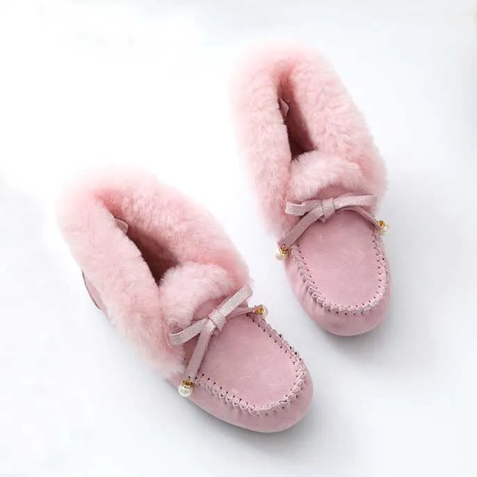Natural Fur Women Flats Casual Moccasins Comfortable Loafers Genuine Leather Women Shoes Fashion Driving Shoes Woman - Цвет: PINK