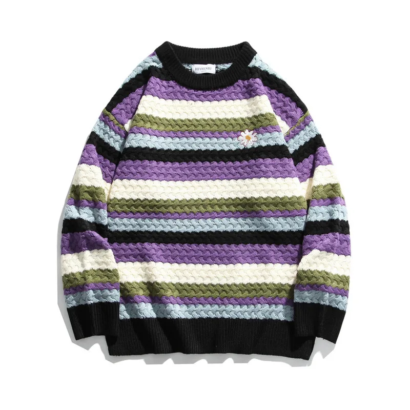 

Undefined Sweater men Autumn Winter rainbow stripe sweater men Pullover O-neck daisy sweater men fashion Couple Male Sweaters