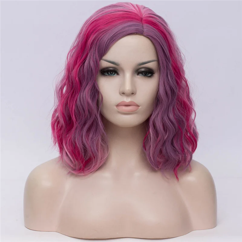 red pink MSI парики Короткие Косплей парики для женщин цвет радуги волнистые парики сторона Центральная линия волос Cos синтетический розовый чистая Омбре волос - Цвет: red pink