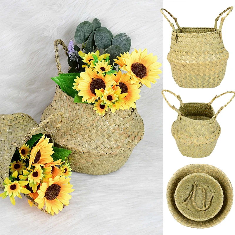

1P Handmade Straw Flower Basket Foldable Bamboo Laundry Storage Basket Seagrass Belly Garden Flower Pot Crafts Home Living Decor
