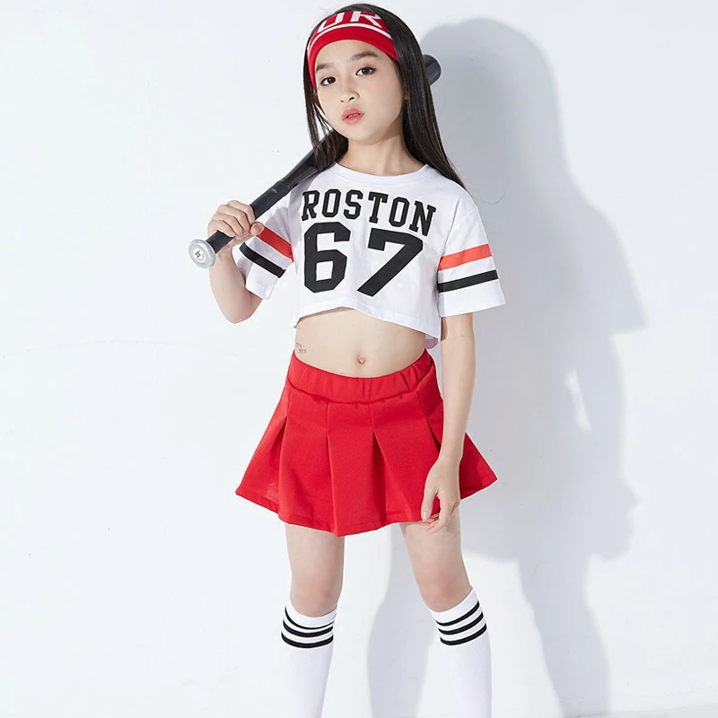 

2pcs Set Girls Mini Skirt Street Dance Costume Child Stage Summer Clothes Short Sleeve Crop T Shirt Kids Hip Hop Jazz Suit Teen