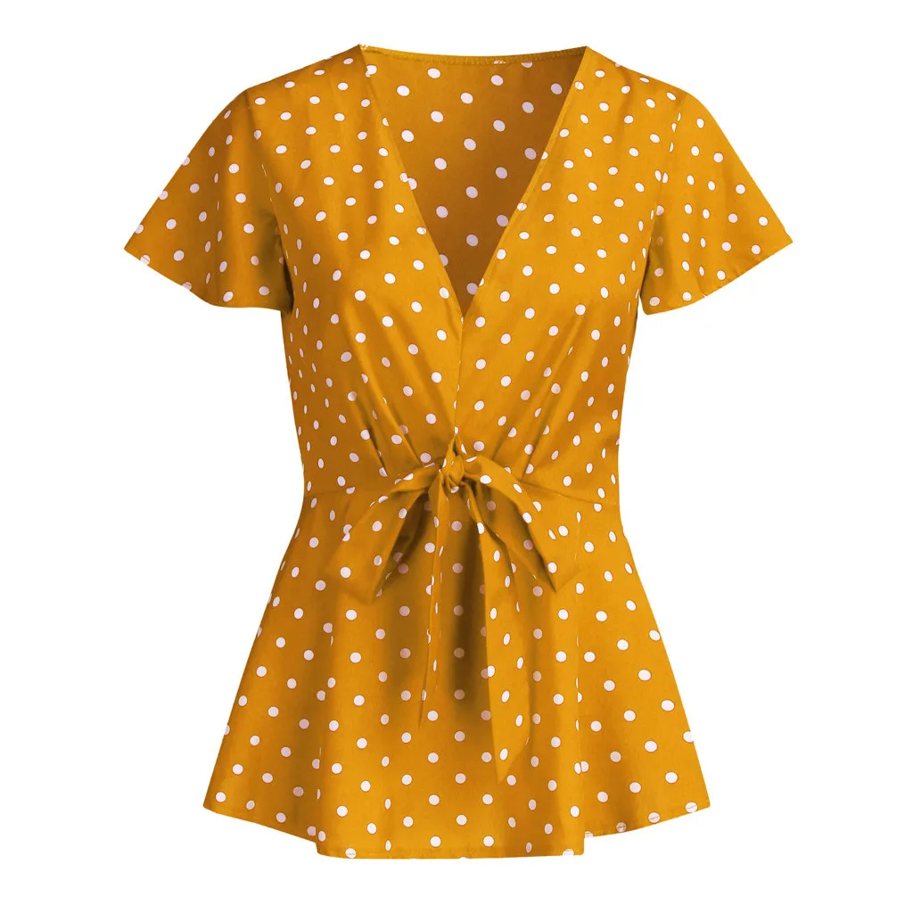 

Women's Large Size V Neck Short Sleeve Shirt Top Polka Dot Knot Front Womens Tops And Summer Blouse Roupas Feminina#JJ