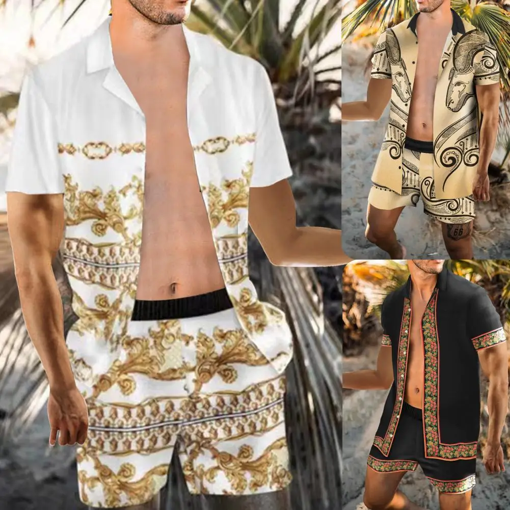 

Комплект пляжный мужской из шорт и рубашки, быстросохнущая пляжная одежда с цифровым принтом, шорты с лацканами и пуговицами, праздничный к...