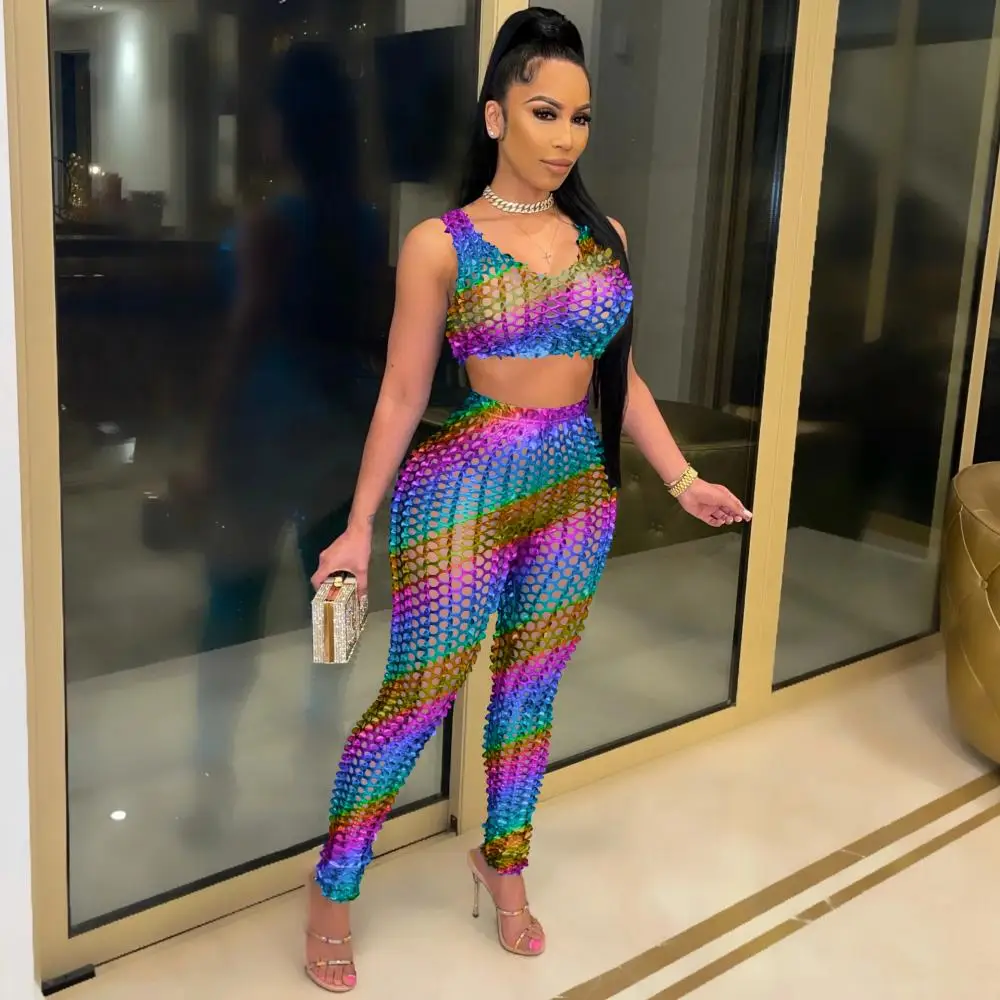 

Sexy Bright Hollow Out Two Piece Set Women Sleeveless Crop Top and Stretchy Pants Bodycon Matching Outfits Streetwear