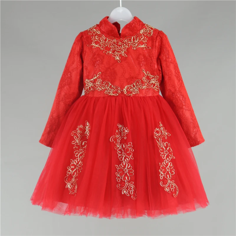 Платье для девочек красное платье принцессы с цветочным узором осенне-зимняя