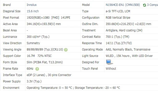 N156HCE-EN1 Rev C1 72% NTSC 15, 6 - 1920X080 FHD IPS eDP 30