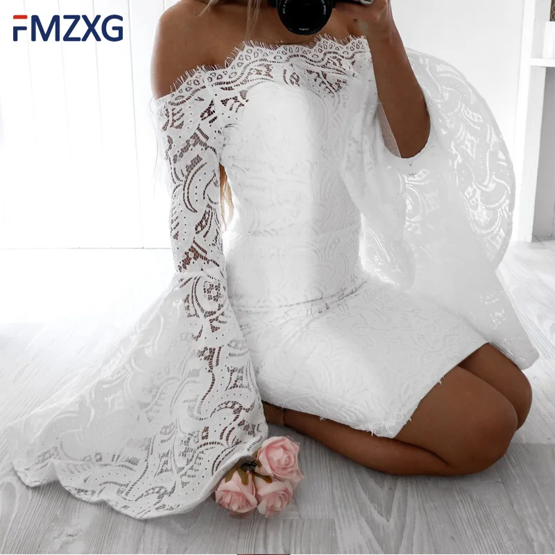 2020 Summer Women White Lace Pencil Elegant Dress Sexy Strapless Horn Long Sleeve Slim Hip Party Bodycon Vestido De Fiesta | Женская
