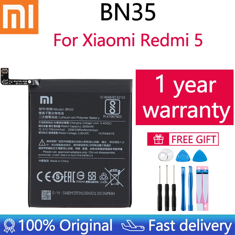 

Оригинальный аккумулятор для Redmi 5 BN35 3300 мАч для Xiaomi Redmi 5 5,7 дюйма, высококачественный Сменный аккумулятор для телефона BN35