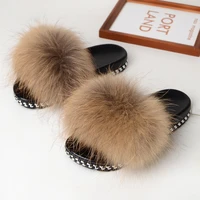new fur sliders indoor slippers comfortable sandel women summer fashion real fox fur flip flops ladies luxury sandals shoes