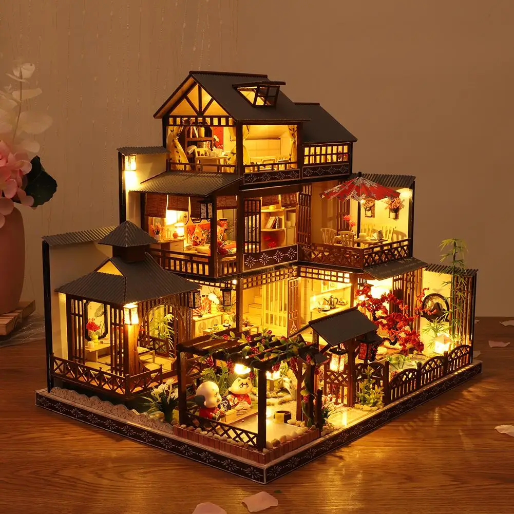 

DIY Dollhouse Kit Assembled Miniature Wooden Cabin Handmade House with Music Movement for Girls Christmas Birthday Gift