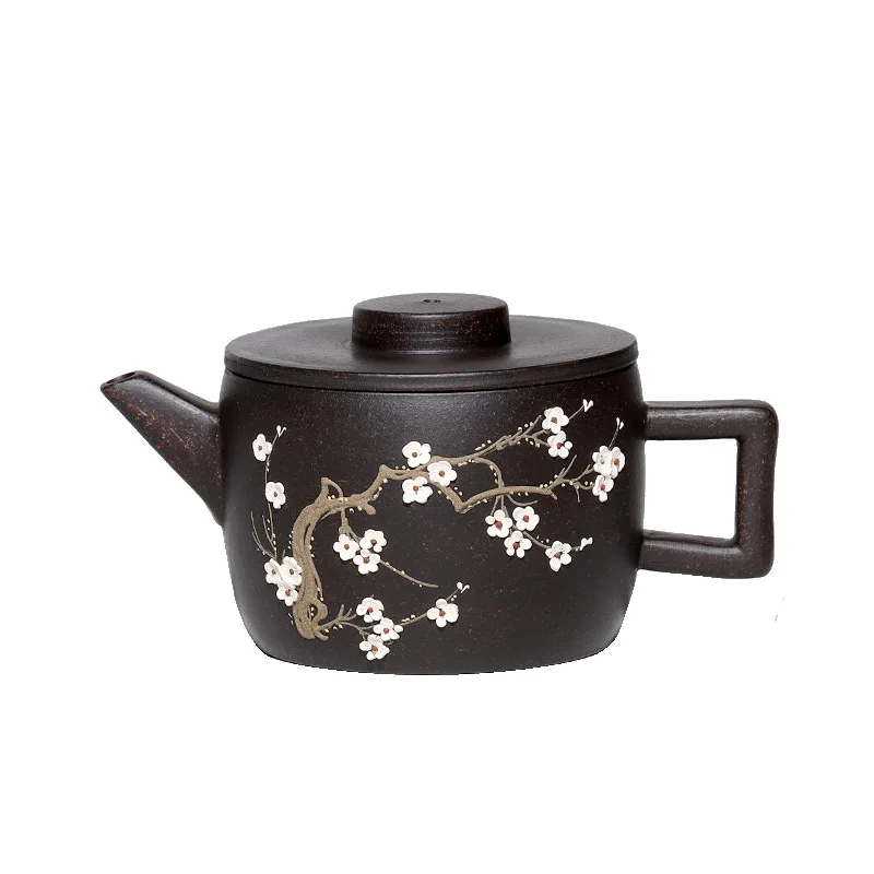 

Yixing gift raw ore black gold sand clay painted plum blossom Fenggu pot pure handmade purple sand pot