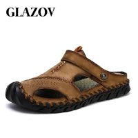 glazov brand new summer man beach cork slippers casual men buckle genuine leather cut outs clogs slides slip on shoes plus 38 48