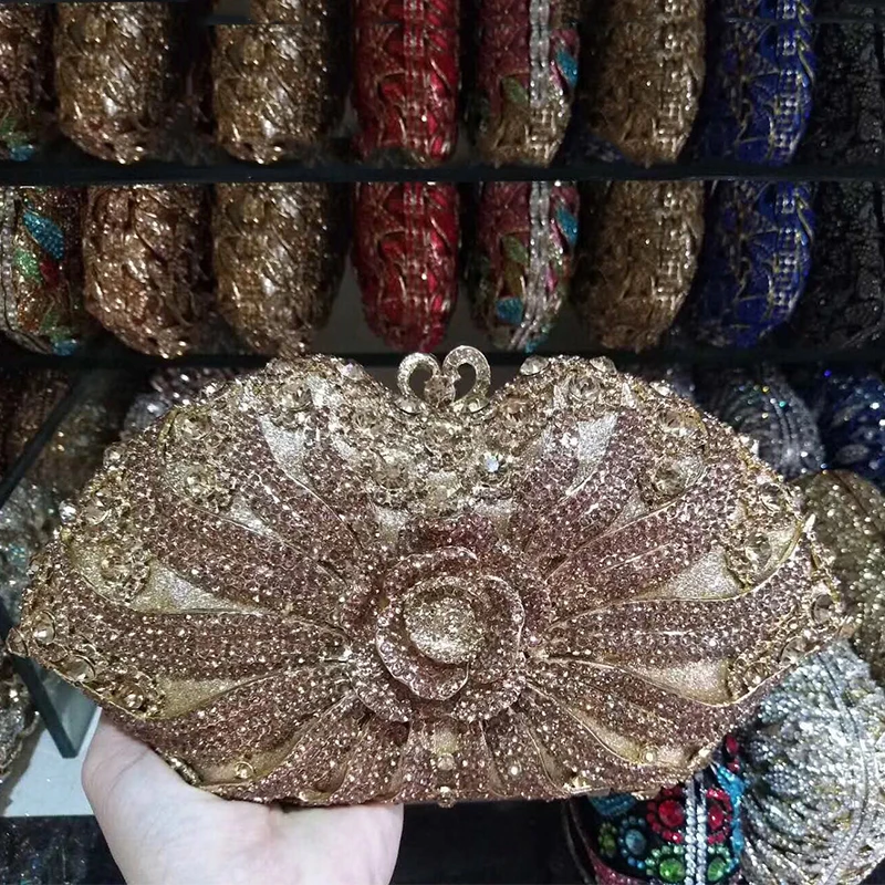 

Best Designer Champagne Diamond Rhinestone Floral Purse Women Handbag Evening Party Bag Fashion Ladies Dinner Banquet Handbags