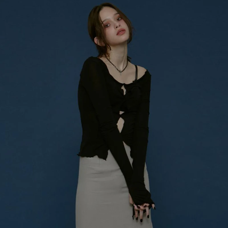 Punk Style Off Shoulder T-Shirts Womem Long Sleeve Striped Line Strap Tees Hollow Patch Split Crop Top Girls Street Clothes | Женская