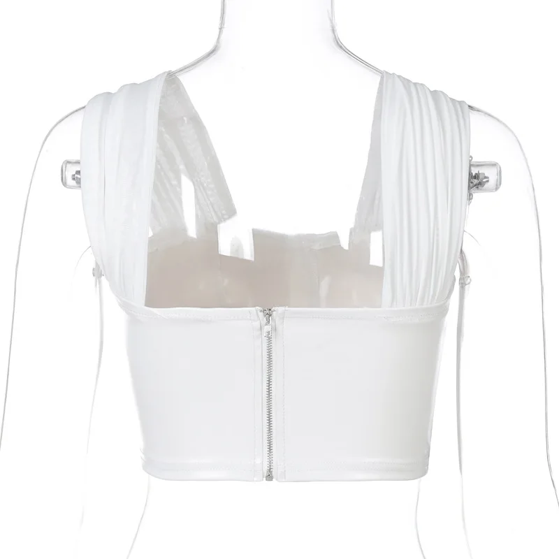 

PU leather Sexy Bustier Corset Top Off Shoulder Chiffon White Strapless Female Top Cropped Tops Women Clothes
