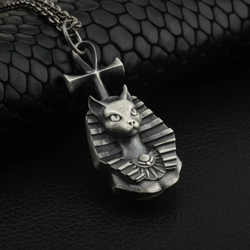 

Pure Tin Jewelry on the neck Egyptian Pharaoh Cat Vintage Pendant Necklaces for man Hip Hop Men's Chain Necklace