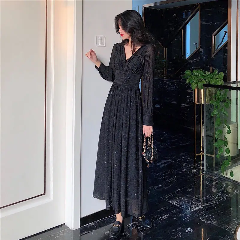 

Midi Dress Women Long Sleeve Casual Fairy Evening Vintage One Piece For New Year Party Korean Fashion Autumn French Elegant