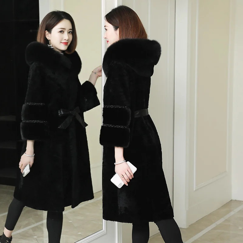 Женская Шуба из натурального меха зимняя шуба овчины куртка с воротником лисьего