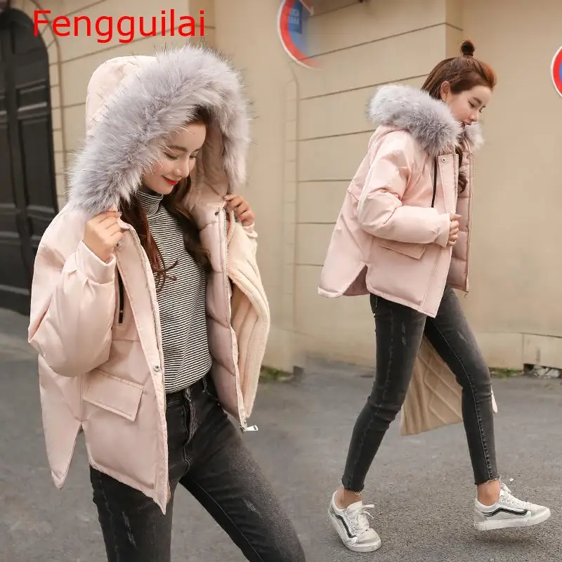 Faux Fur Collar Short Parkas Loose Cotton Coats Winter Women Hooded Jacket Black Burgundy Snow Outwear