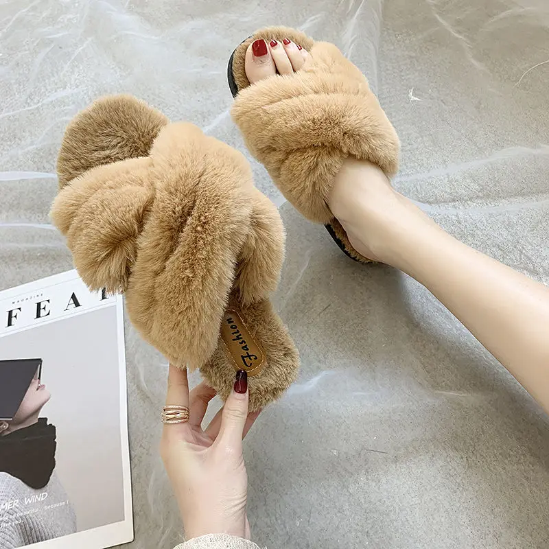 

Whoholl Brand Women Home Slippers Winter Warm Shoes Woman Slip on Flats Slides Female Faux Fur Slippers 36-41 Wholesale