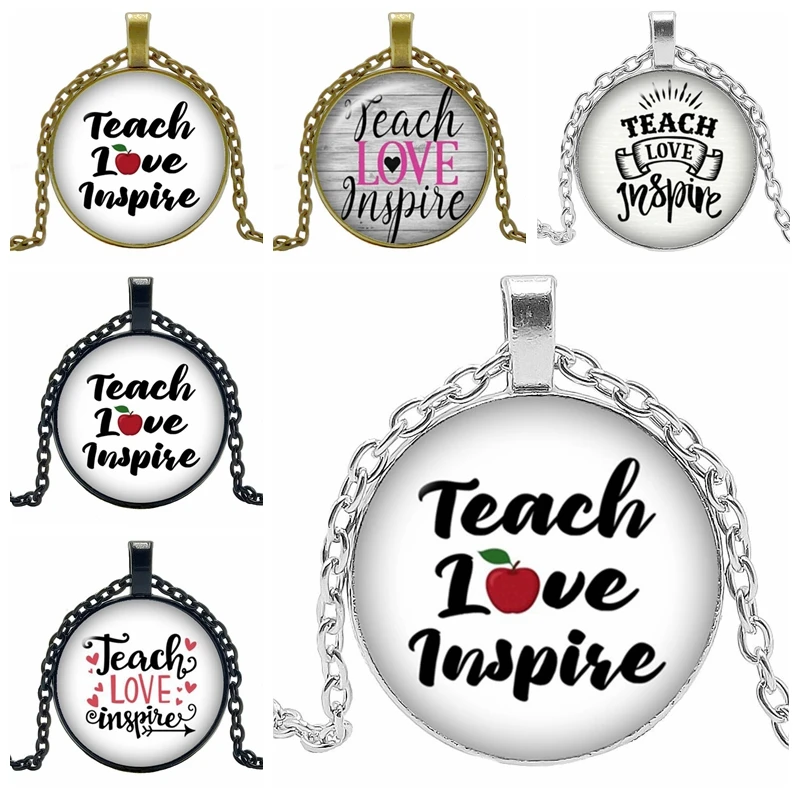 

2020 New Teacher Gift "I Love Teacher" Badge Pendant Necklace Glass Cabochon 3 Color Necklace Jewelry Sweater Chain Wholesale