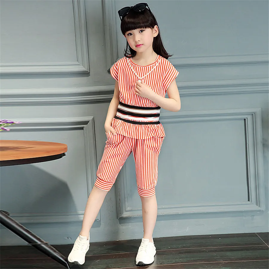 Teenage Children Clothing Tracksuit For Girls Sets Summer Girl Stripe Outfit Suit Kids Clothes 8 10 12 14 Year |