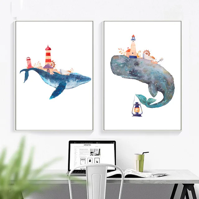 

Whale Lighthouse Canvas Painting Wall Art Posters And Prints Nordic Poster Watercolor Wall Pictures Kids Room Decor